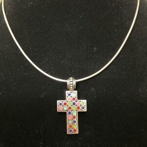 "SE" Sterling silver multistone multicolor inlay Cross pendant circles squares